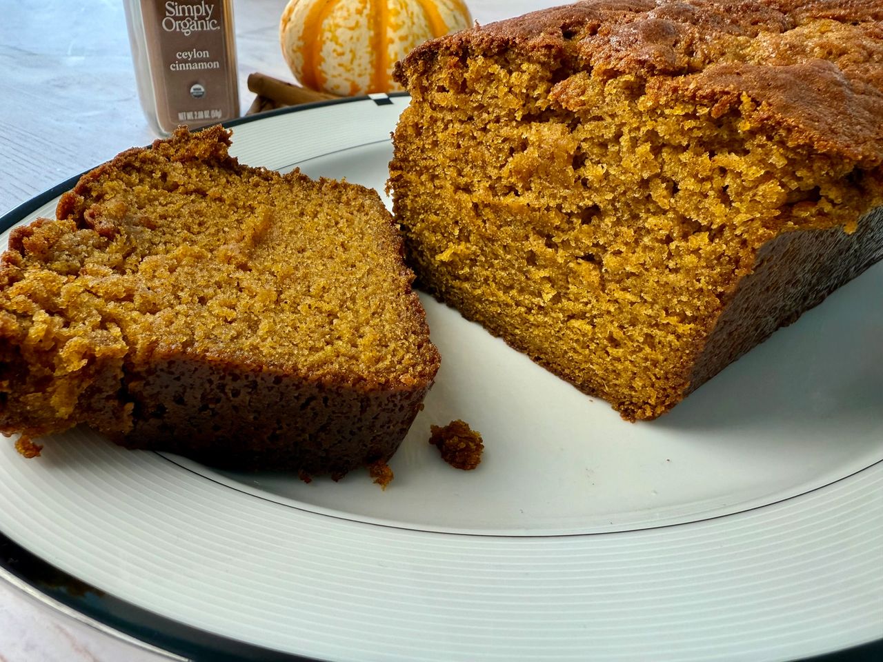 Pumpkin spice loaf on a white plate 