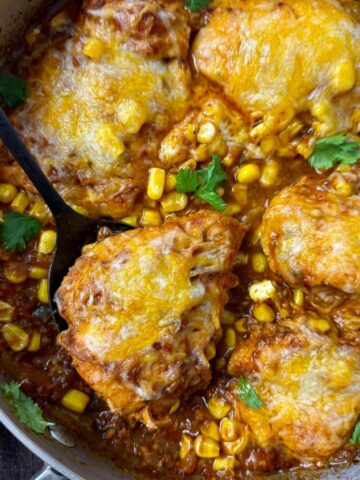 salsa chicken with cheese in a silver pan with a black spoon