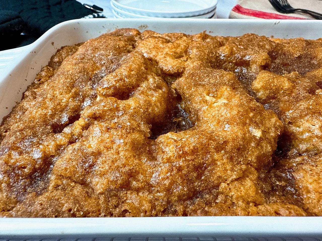 coffee cake in a white baking dish