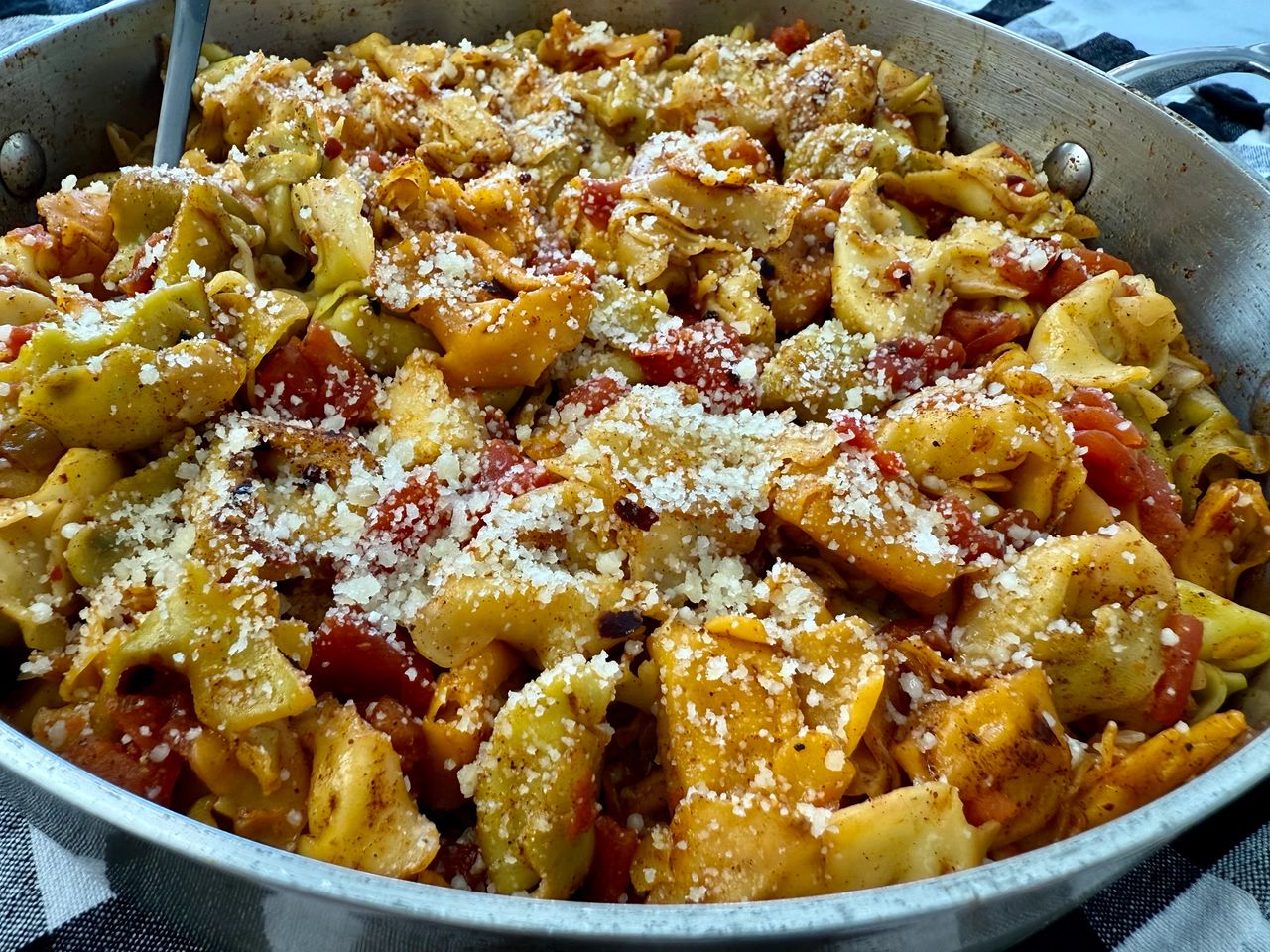 spicy tortellini in a skillet