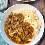 ground beef, gravy, and mashed potatoes