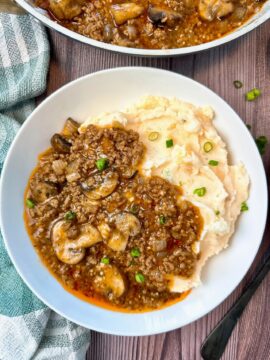 ground beef, gravy, and mashed potatoes