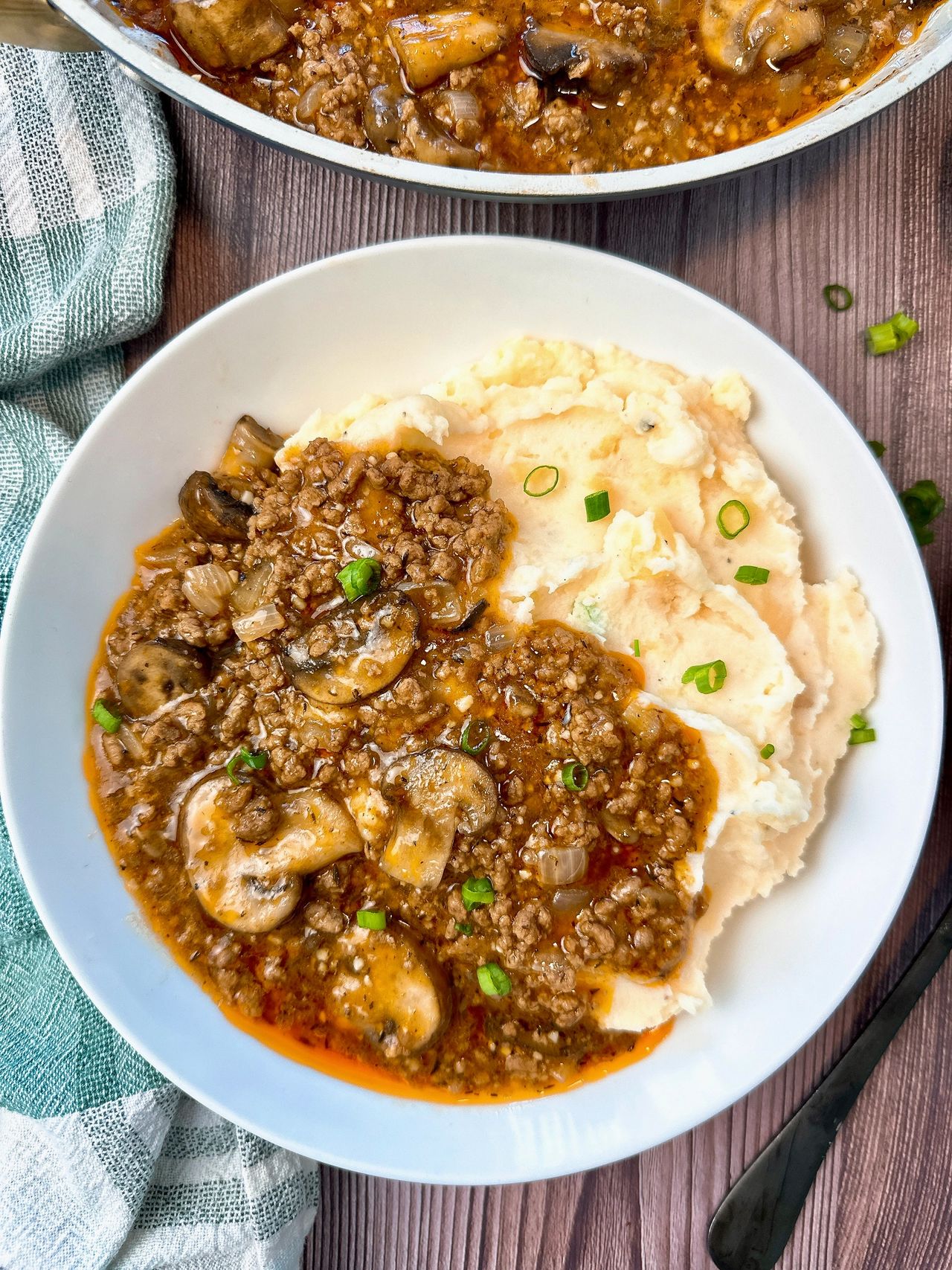 ground beef, gravy, and mashed potatoes