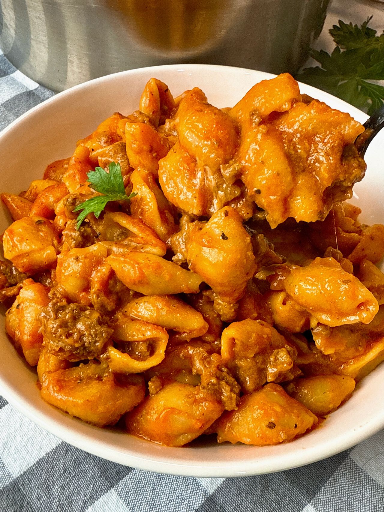 bowl of pasta and beef with a spoon