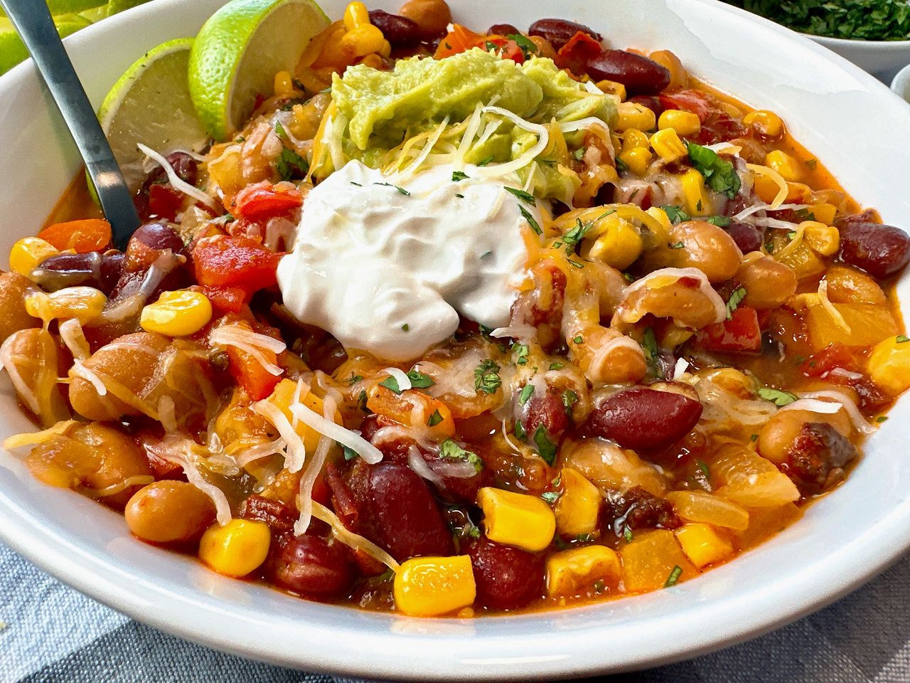 Vegetarian chili in a white bowl