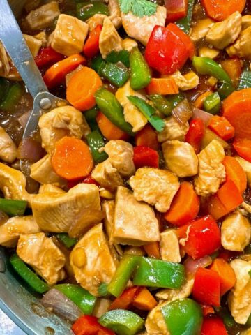 chicken stir fry in a skillet