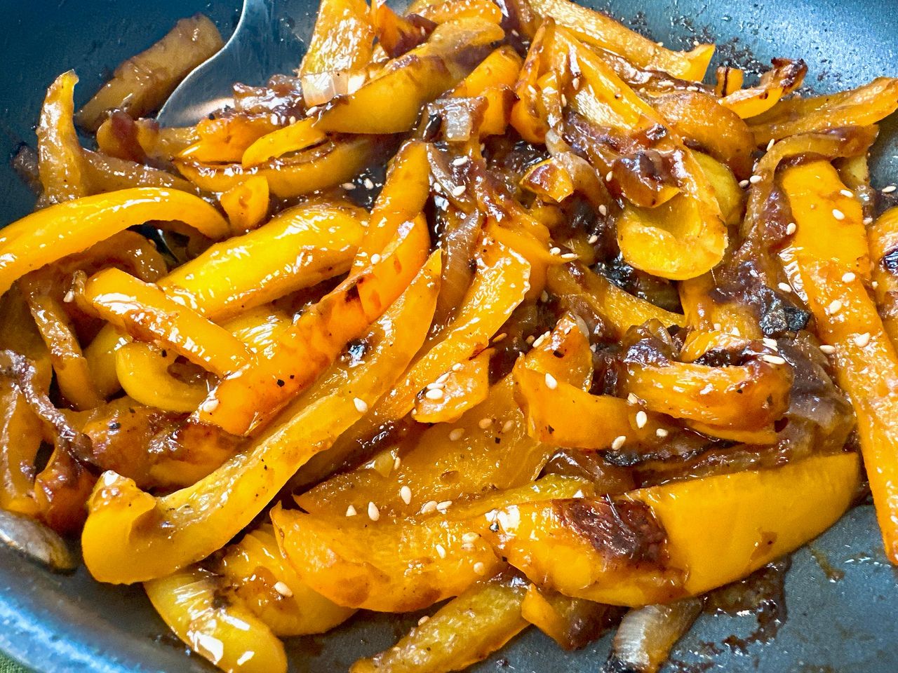 teriyaki bell peppers in a skillet