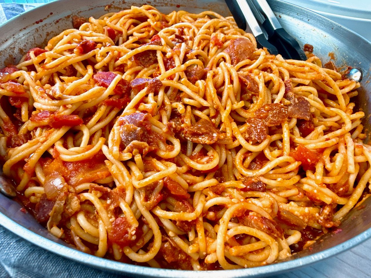 pasta amatriciana in a skillet