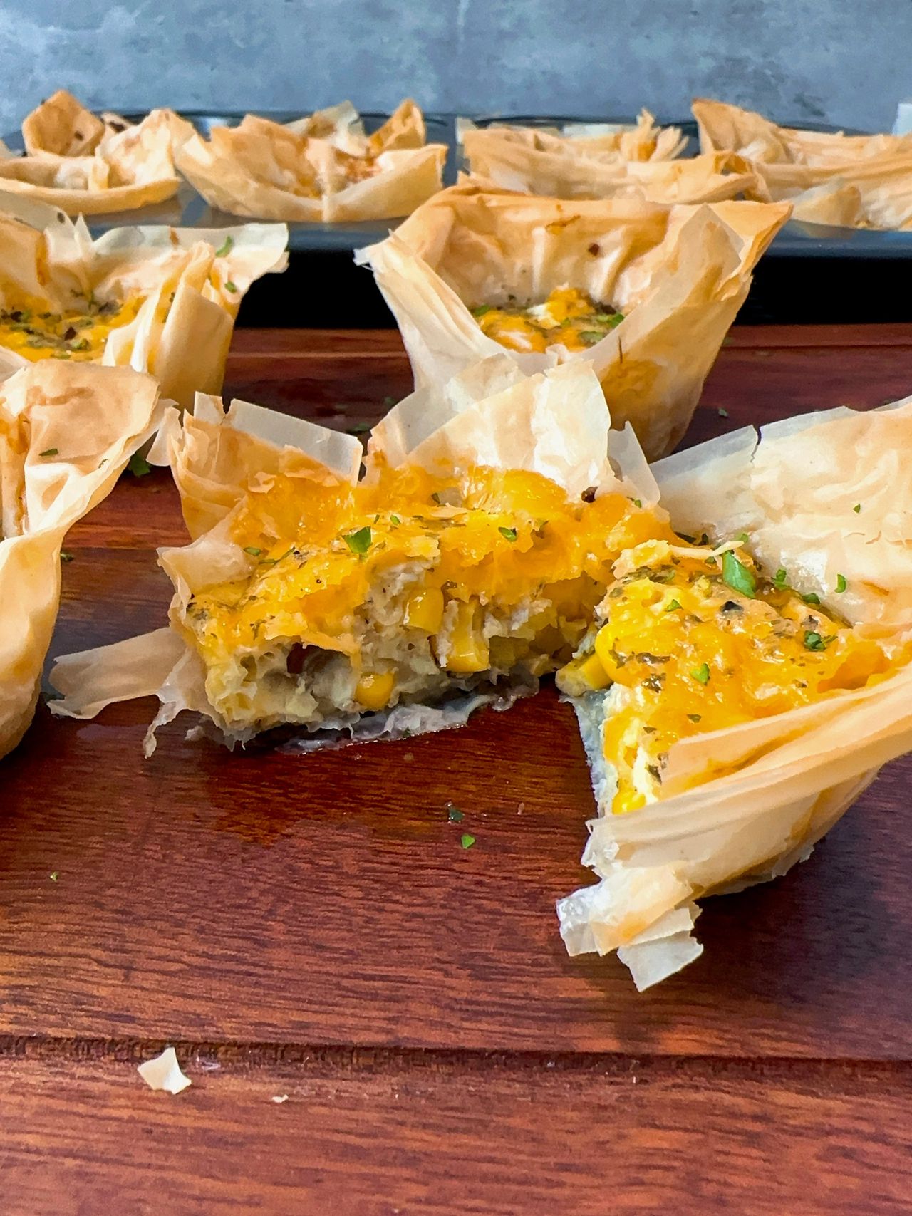 cheddar corn filo cups