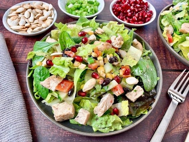 salad with chicken and pomegranate seeds