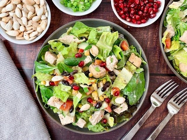 salad with chicken and pomegranate seeds
