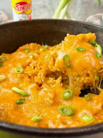 rice with taco seasoning and Mexican cheese