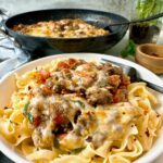 cheesy pesto beef and noodles