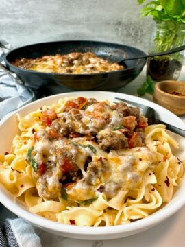 cheesy pesto beef and noodles