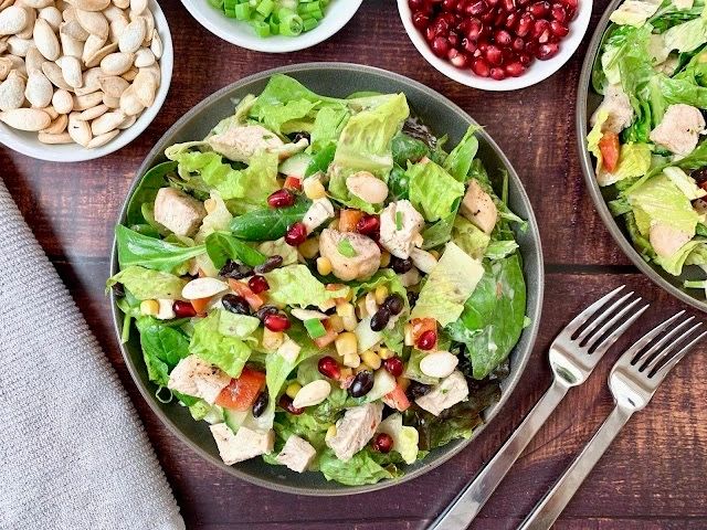 salad with chicken and pomegranate seeds