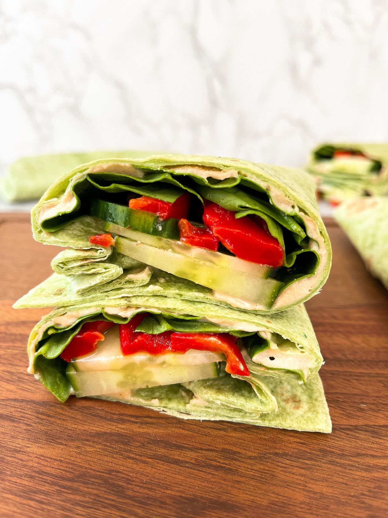 Veggie Wraps with Hummus, Roasted Red Peppers and Spinach