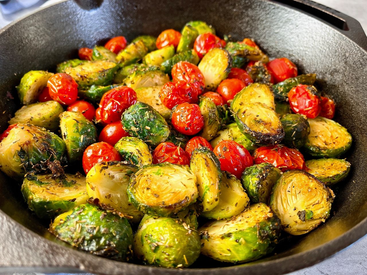 roasted brussels sprouts with blistered tomatoes