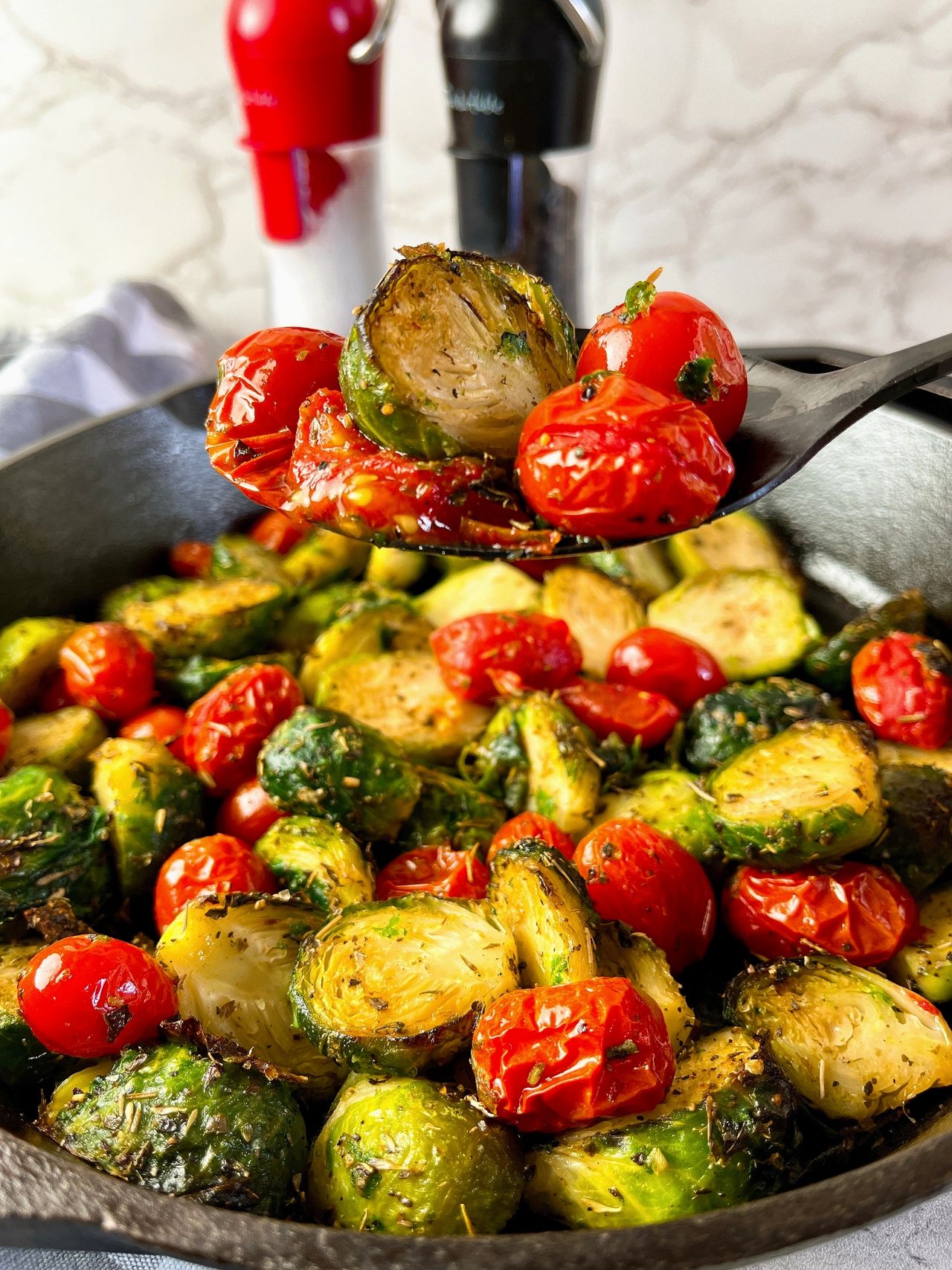 roasted brussels sprouts with blistered tomatoes
