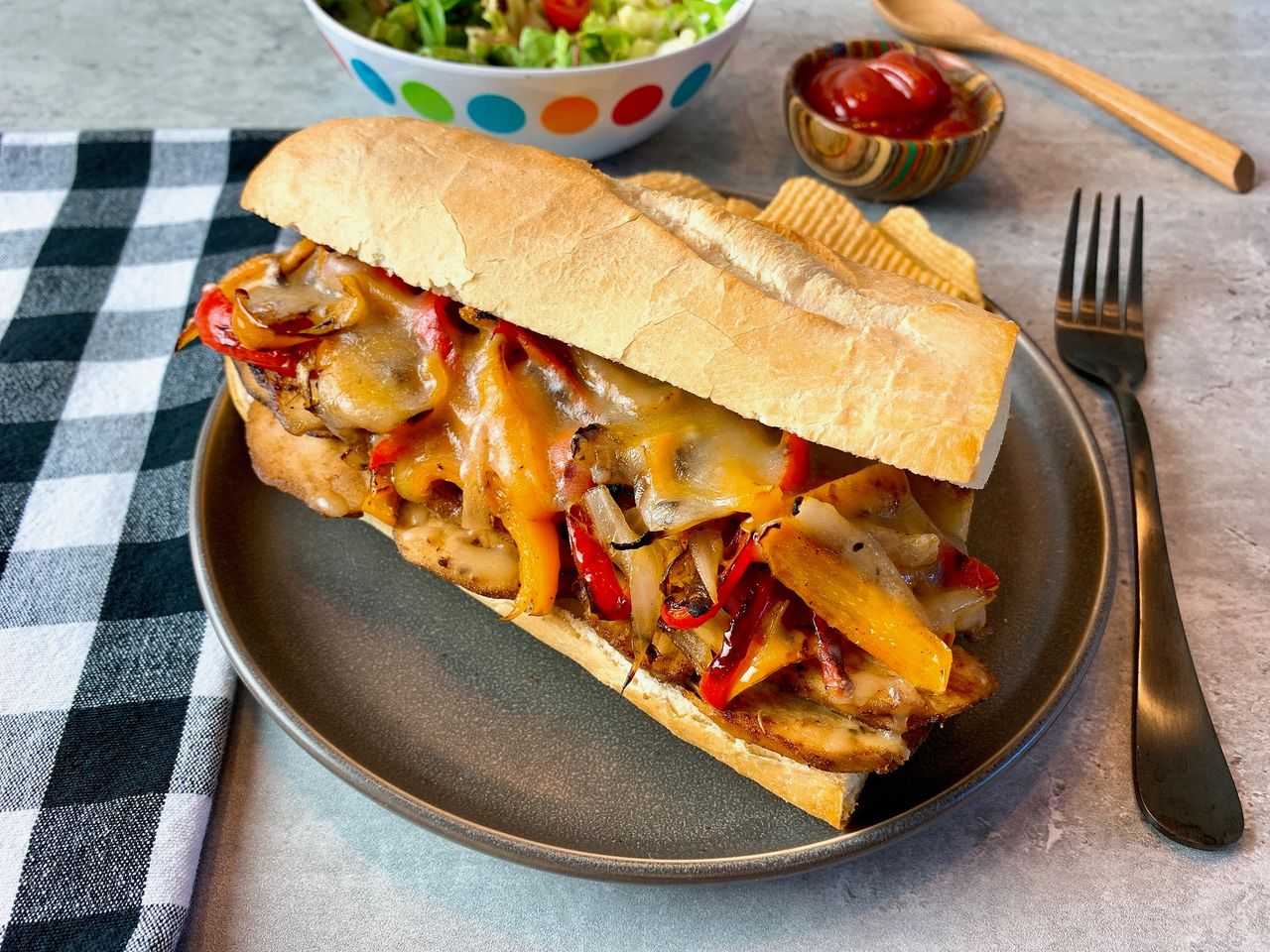 Chicken Cheesesteaks with Fried Onions and Peppers