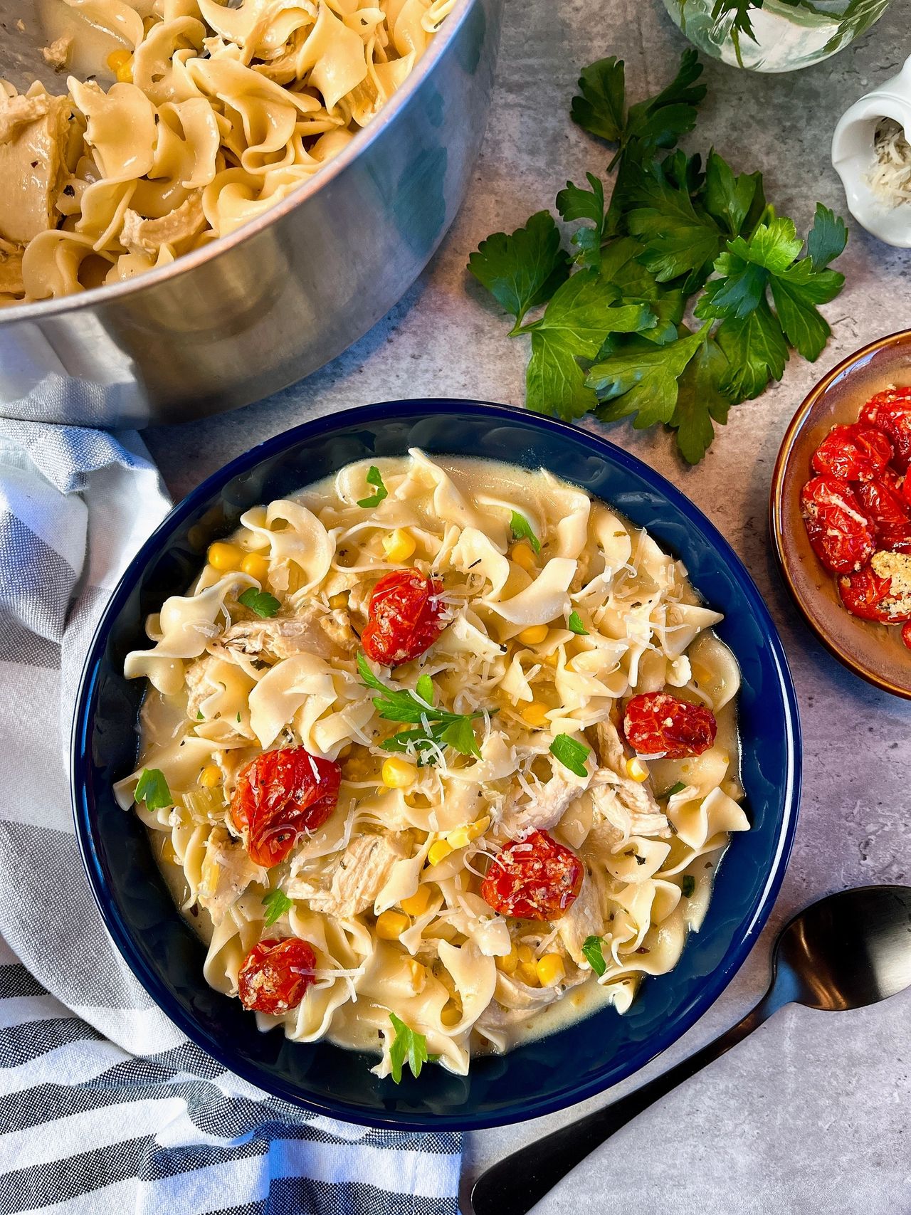 Creamy Chicken Noodle Soup with Parmesan Roasted Tomatoes