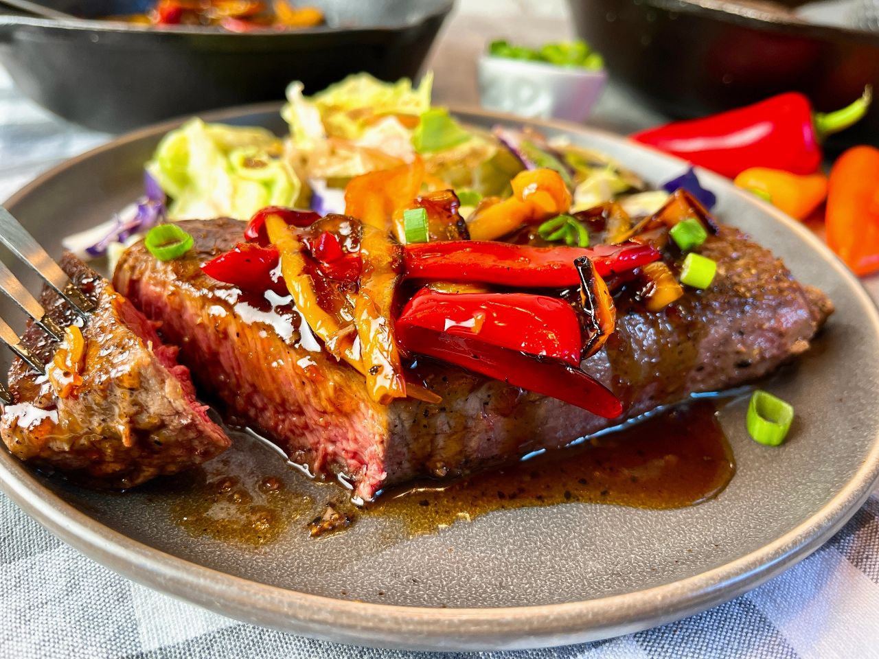 steaks with sweet and sour peppers