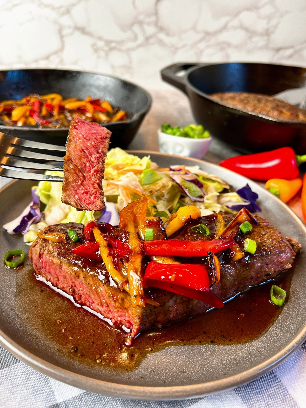 steaks with sweet and sour peppers