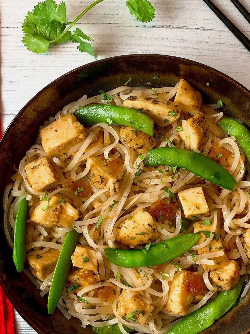 sweet and sour chicken with rice noodles