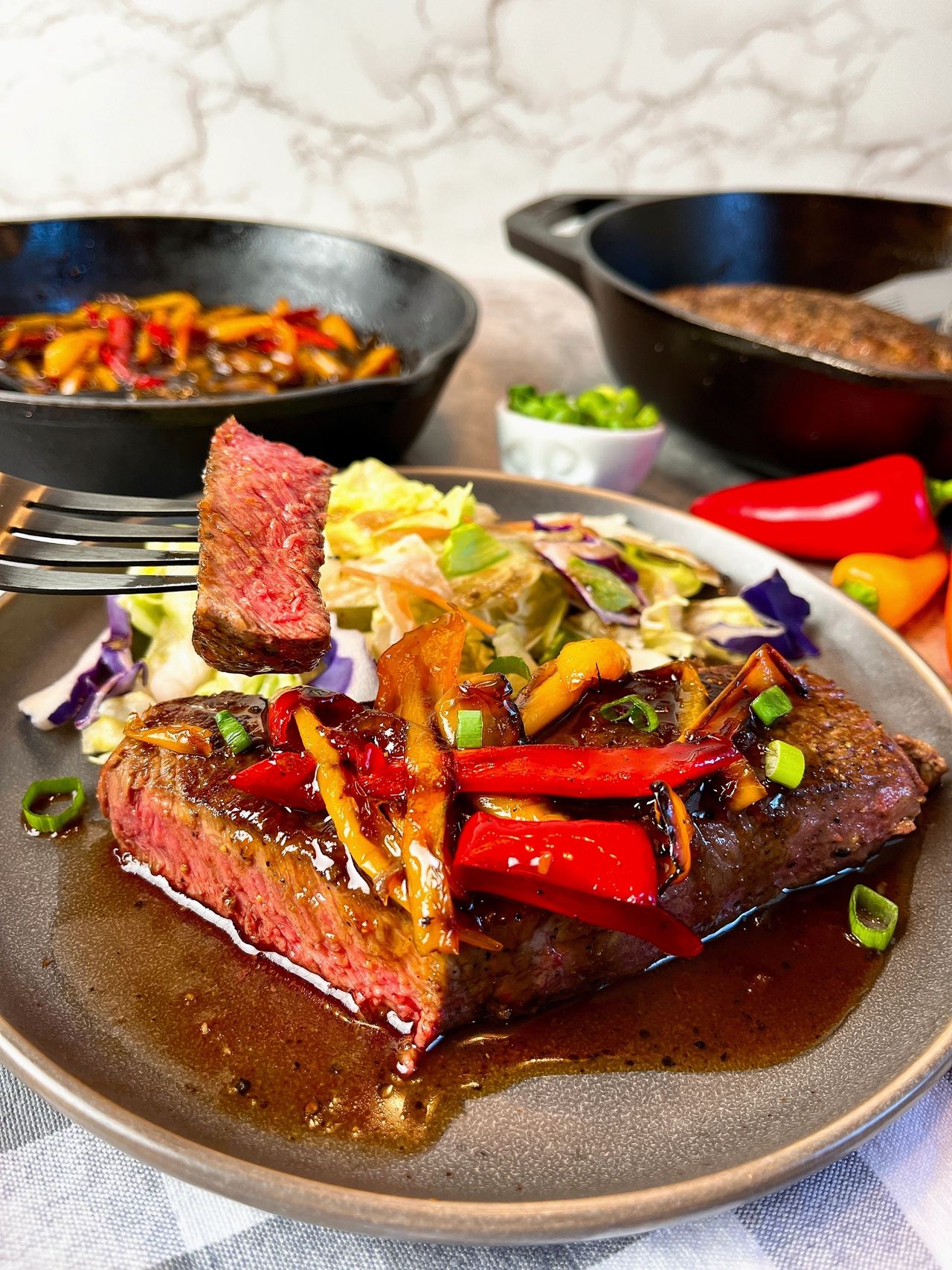 steaks with sweet and sour peppers