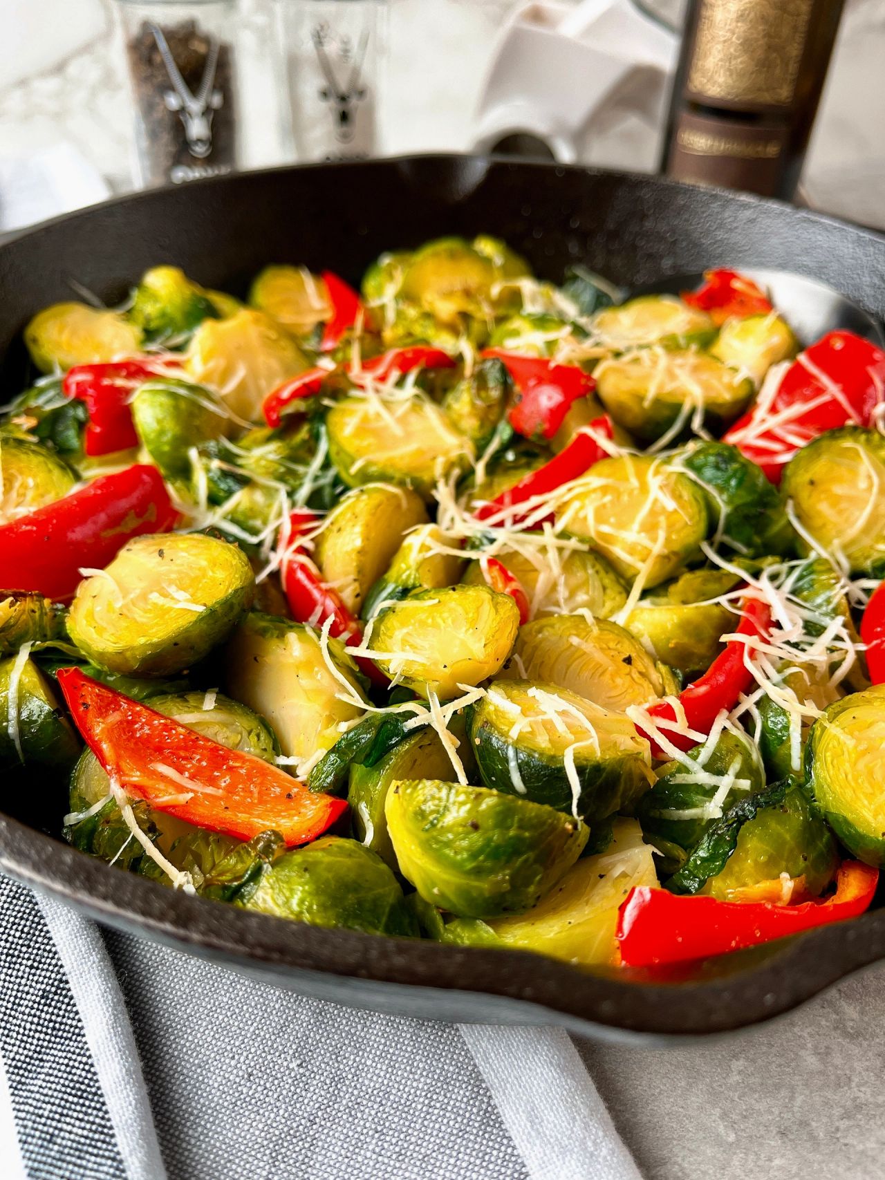 brussels sprouts with bell peppers and parmesan cheese